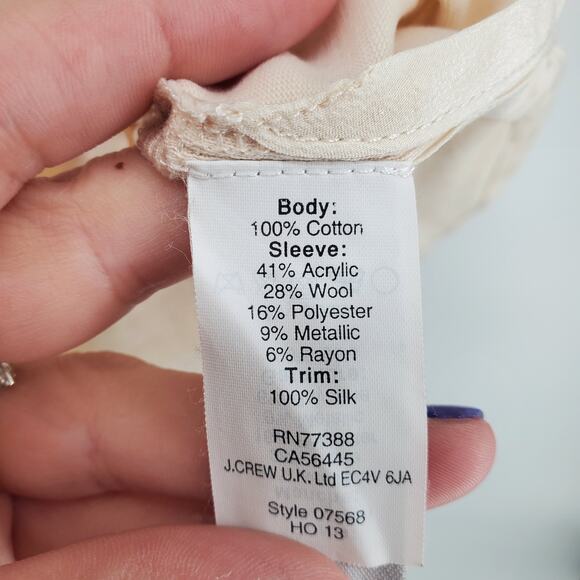 J.Crew Lux Gold Metallic Tweed Black Sleeve Cotton Cream Stretch Blouse Small - Picture 8 of 12